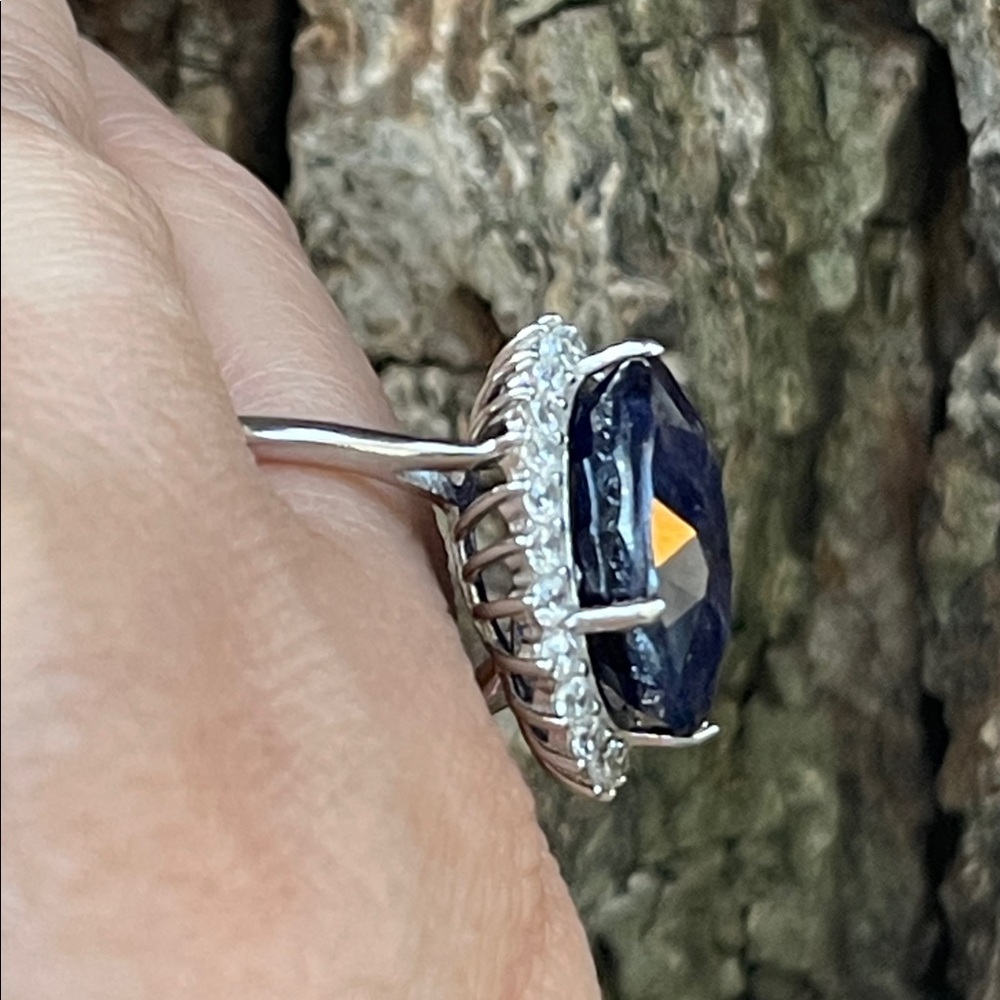 NWT Natural Sapphire 16X13mm CZ accents Statement Ring S10 Unheated/ Untreated - Picture 9 of 14